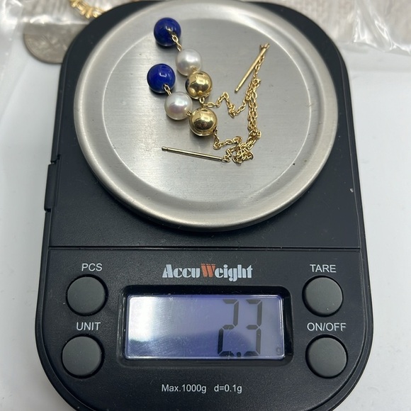 14K Gold Mexico Stamped Threader Earrings with Lapis Lazuli and Pearl Beads - Picture 11 of 11